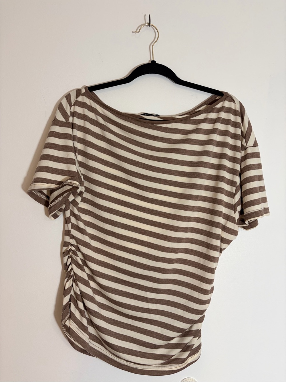 Striped Boatneck Short Sleeve Top in Taupe and Cream
